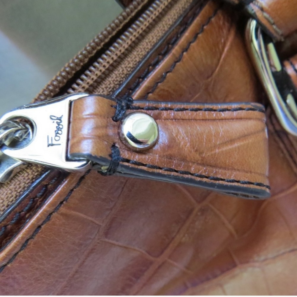 FOSSIL Croc Embossed Leather Shoulder Bag Purse 12" x 8" - Brown - Picture 13 of 16